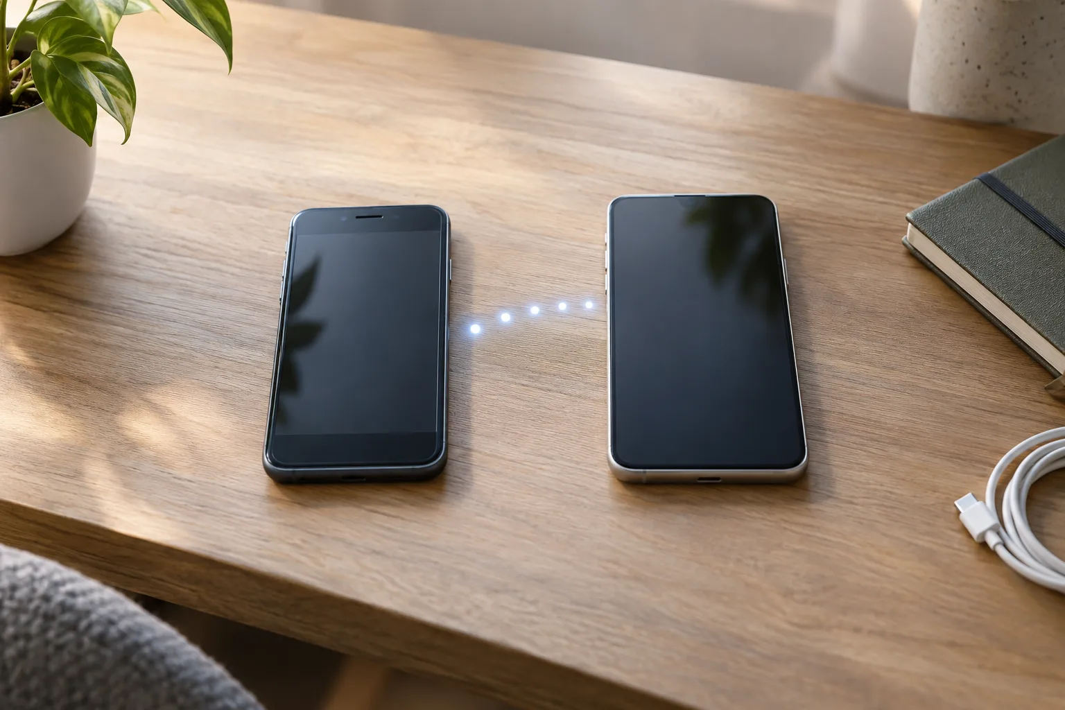 Stariji i noviji nebrendirani pametni telefon položeni jedan uz drugi na drvenom stolu