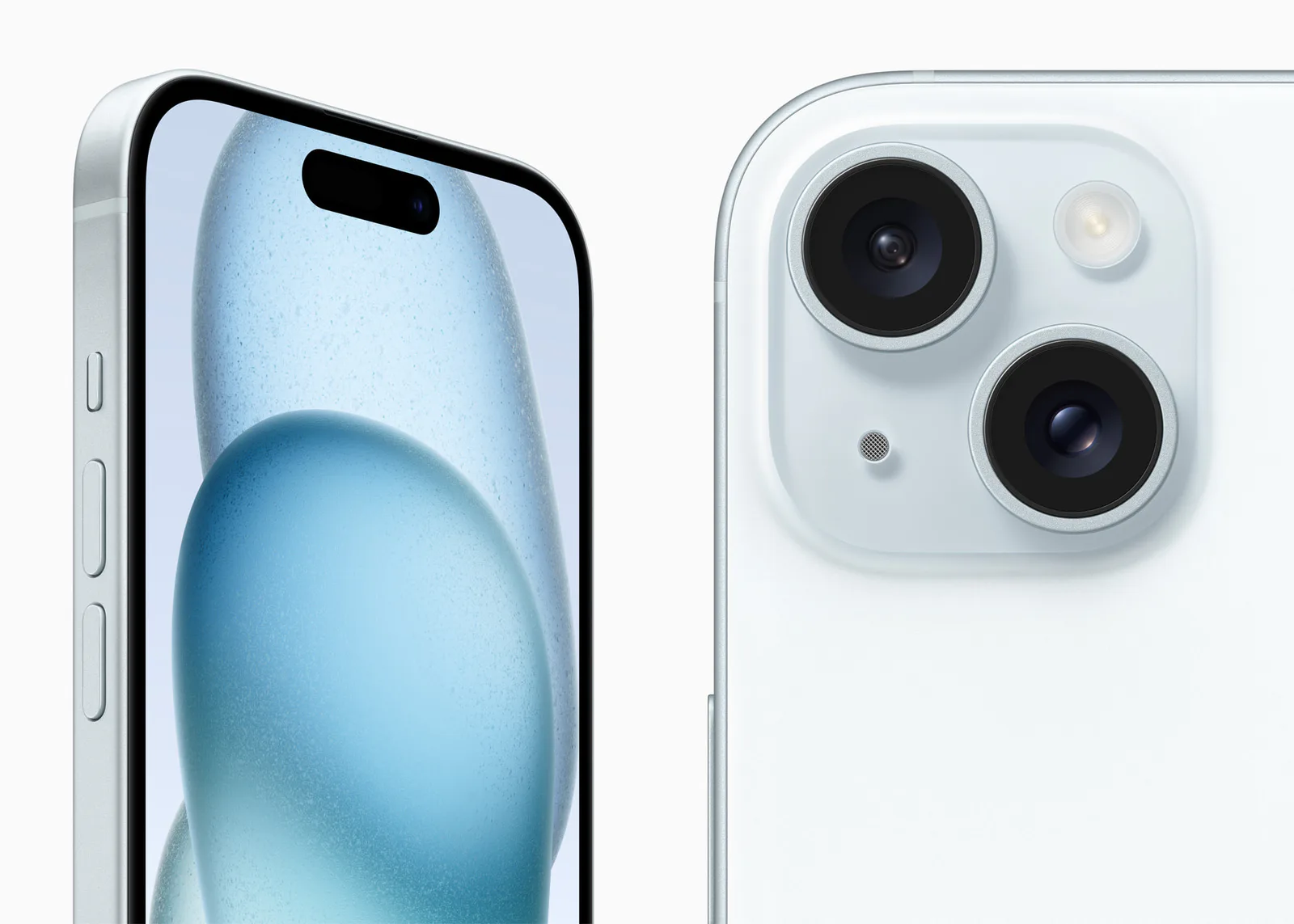Prednja strana i stražnja kamera telefona iPhone 15 u plavoj boji