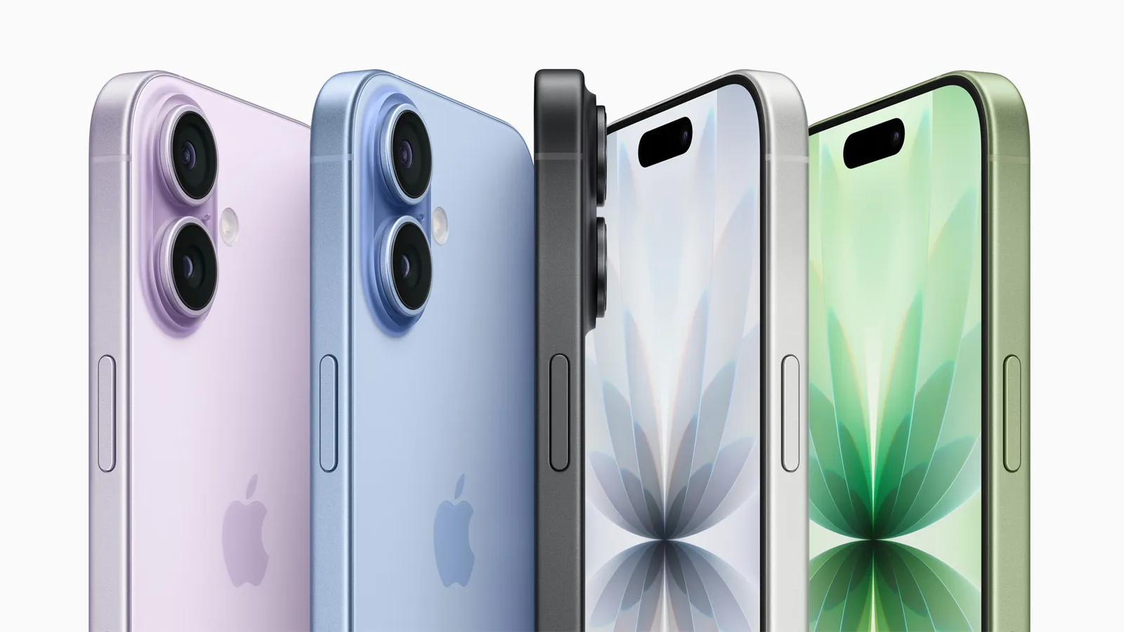 Telefoni iPhone 17 u boji lavande, magličasto plavoj, crnoj i boji kadulje, sa stražnje i prednje strane