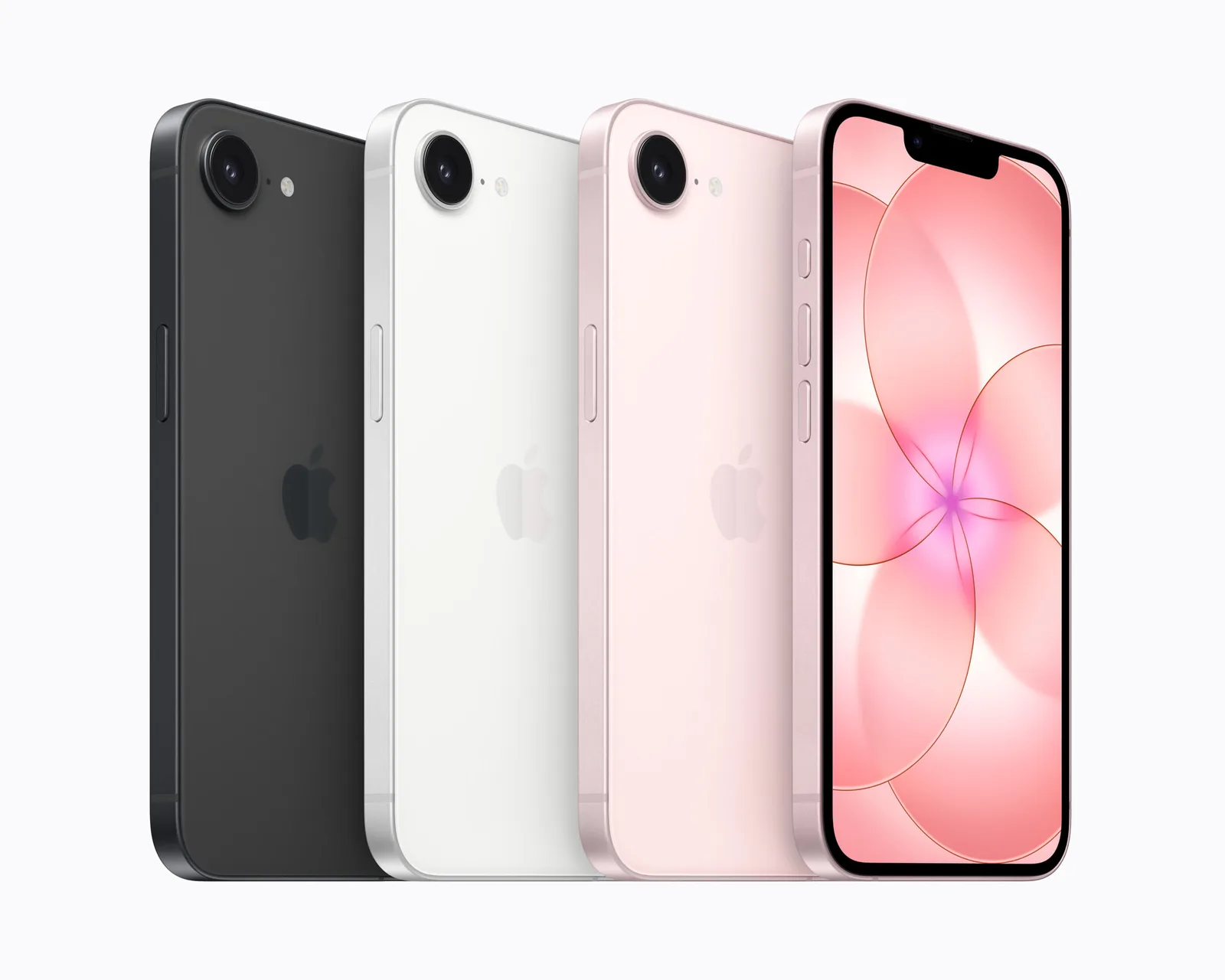 Telefoni iPhone 17e u crnoj, bijeloj i ružičastoj boji, sa stražnje i prednje strane