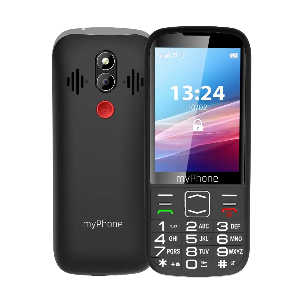 Stražnja i prednja strana crnog telefona myPhone Halo 4 LTE s tipkom SOS