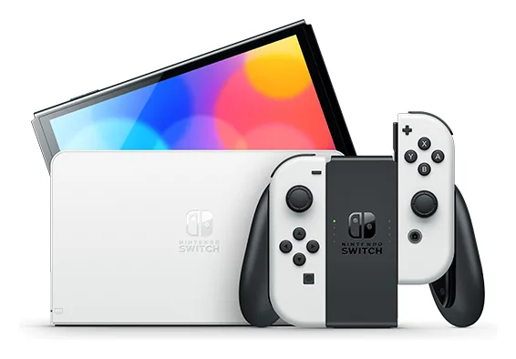 Bijela konzola Nintendo Switch OLED u priključnoj stanici i kontroleri Joy-Con u držaču