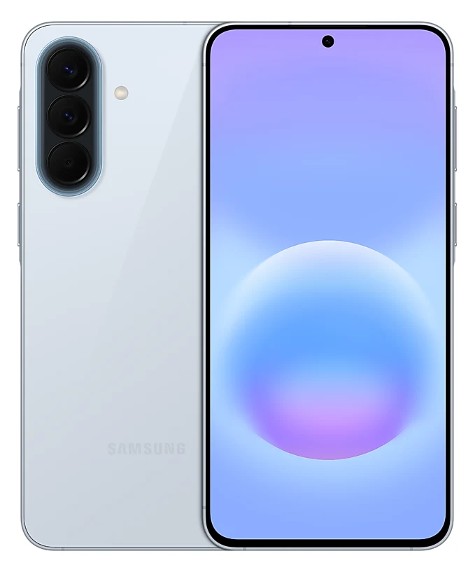 Prednja i stražnja strana svijetloplavog telefona Samsung Galaxy A57 5G