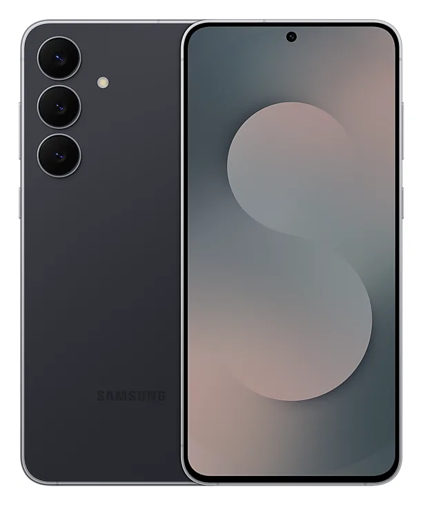 Prednja i stražnja strana crnog telefona Samsung Galaxy S25 FE