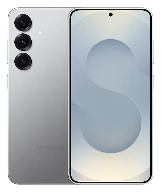 Prednja i stražnja strana srebrnog telefona Samsung Galaxy S25