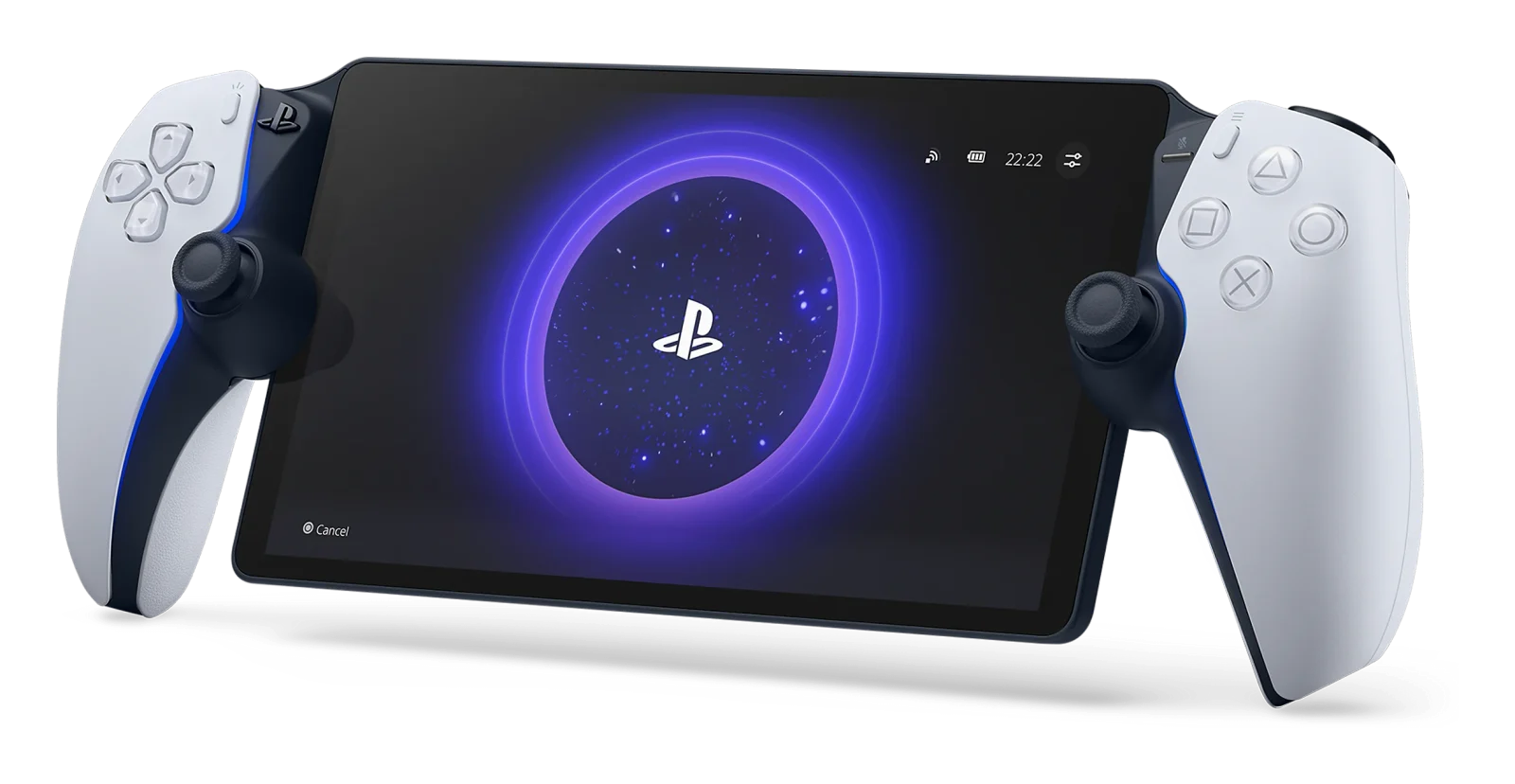 Bijeli PlayStation Portal sa zaslonom između dvije ručke kontrolera
