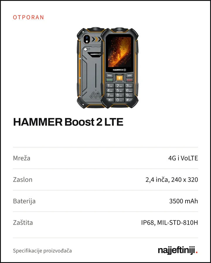 Otporan: HAMMER Boost 2 LTE. Mreža: 4G i VoLTE. Zaslon: 2,4 inča, 240 x 320. Baterija: 3500 mAh. Zaštita: IP68, MIL-STD-810H.